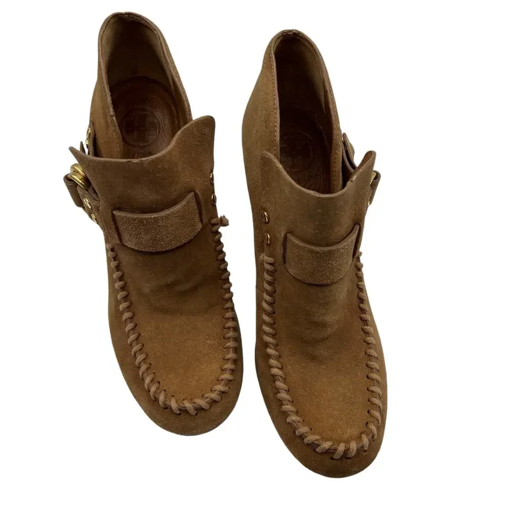 Tory Burch Womens Belen 9.5 Suede Stiletto Ankle Boots Booties Tan Camel Buckles